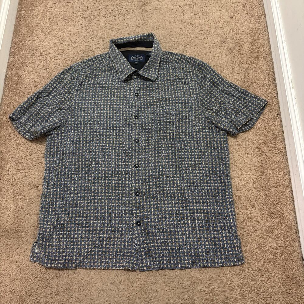 Nat Nast Medium Luxury Lounge Shirt Geometric 100% Silk Short Sleeve Mens